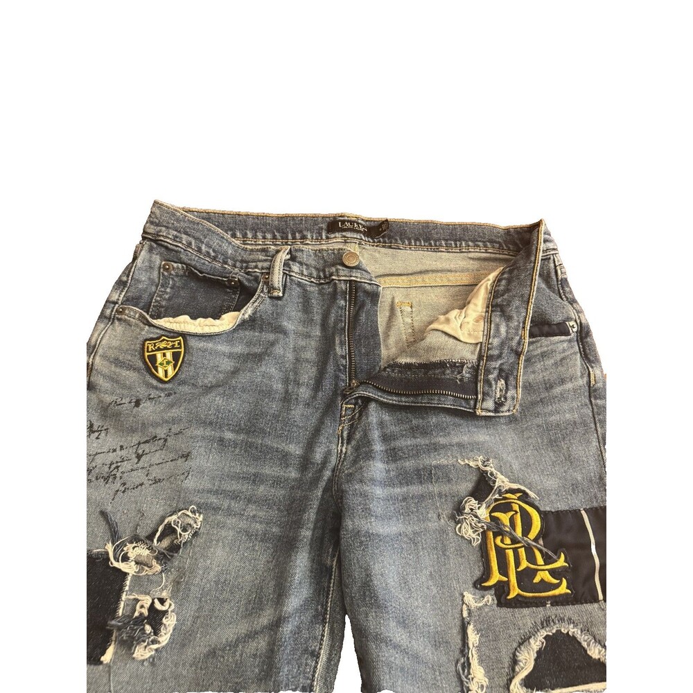 RALPH LAUREN Relaxed Taper Patchwork Logo Denim Blue Jeans Luxury Stretch Sz 10